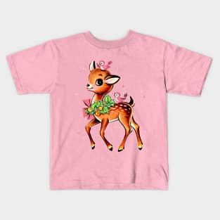 Retro Christmas Reindeer with Birds Kids T-Shirt